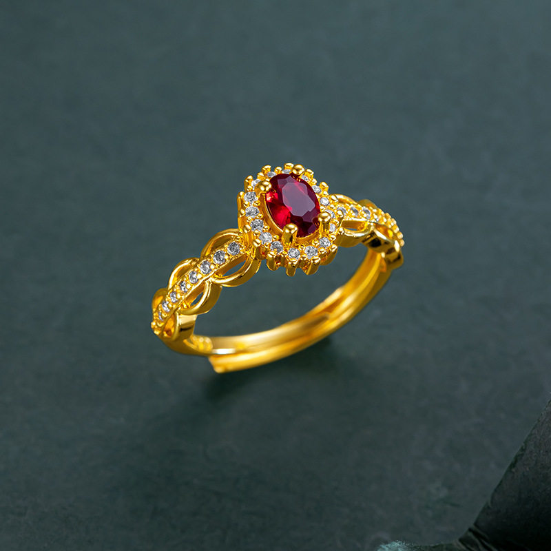 复古蕾丝越南沙金红钻女戒活口99红色宝石指环黄金戒硬金首饰礼物