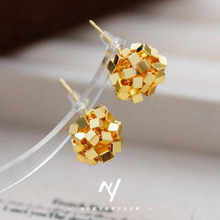 小众设计感法式不规则越南沙金碎金子方块耳钉冷淡风金属感女耳饰