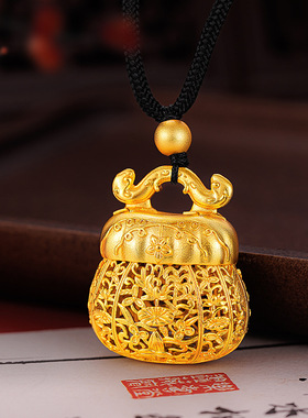 久不掉色新中式沙金diy镂空如意荷包吊坠 花丝南瓜香囊黑编绳项链