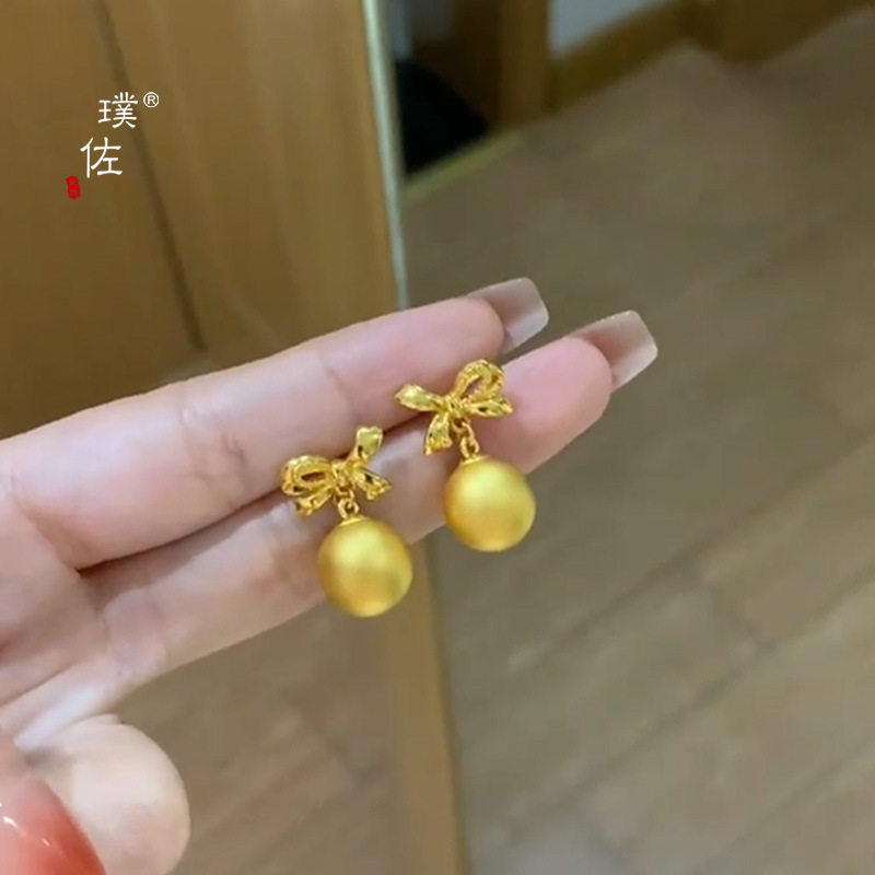 金店同款越南沙金蝴蝶结拉丝金球耳钉女在逃公主高级感耳环送女友