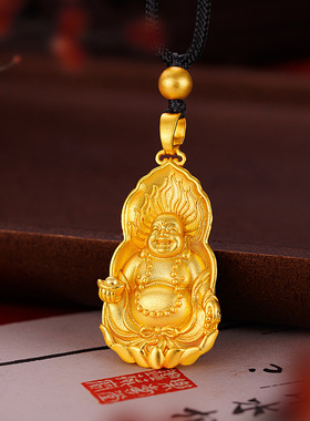 越南沙金新中式国潮古法金荷花元宝弥勒佛吊坠本命佛黑色编绳项链