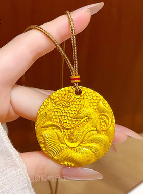 新中式古法越南沙金錾刻九尾灵狐圆牌吊坠狐狸项链复古浮雕祥云纹
