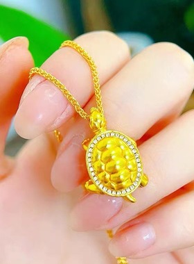 古法沙金乌龟吊坠点钻徽镶金钱龟挂坠富甲天下首饰锡金项链锁骨链