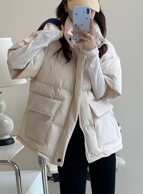 中袖时尚带袖面包服女2023韩版半袖羽绒棉马甲宽松坎肩中长款棉服