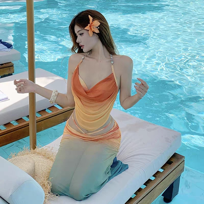 【日落橙】绝美晕染渐变网纱比基尼三亚海边度假包臂鱼尾长裙泳衣