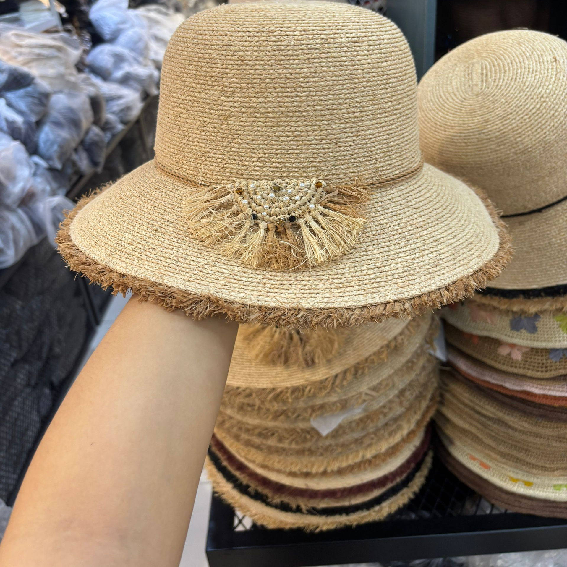 夏季细拉菲草蝴蝶结平顶帽毛边女