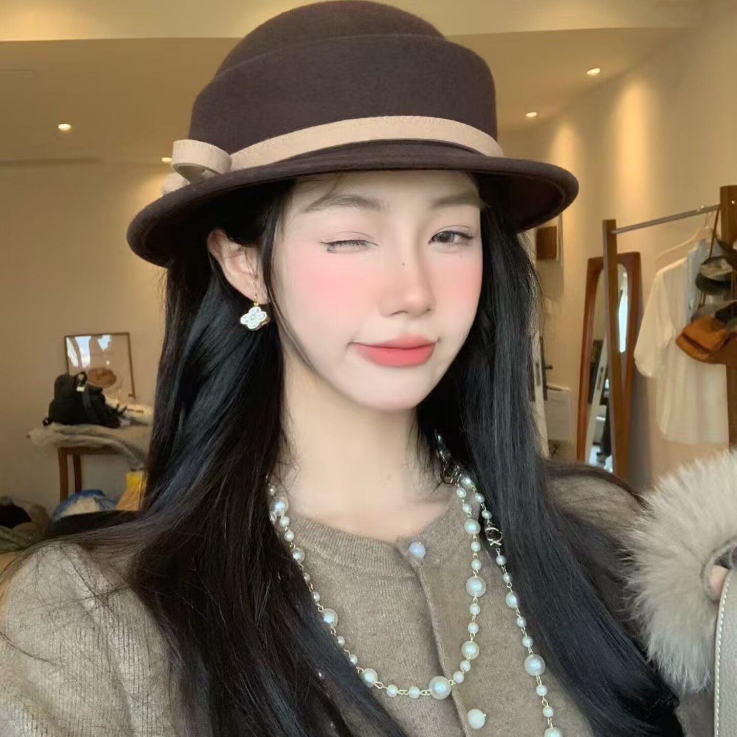 赫本风仙女飘飘纯羊毛礼帽女