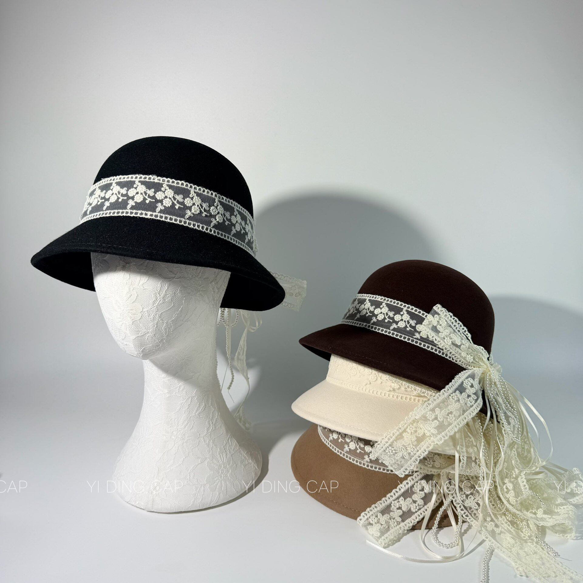 纯羊毛保暖大檐蝴蝶结渔夫帽女
