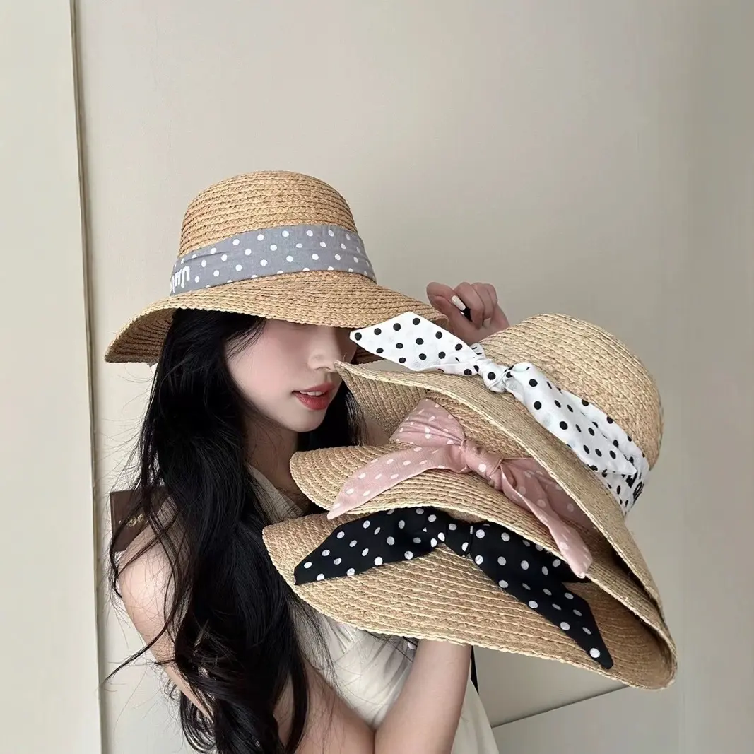 夏季时尚草帽女波点字母蝴蝶结拉菲草遮阳帽女海边出游太阳帽防晒