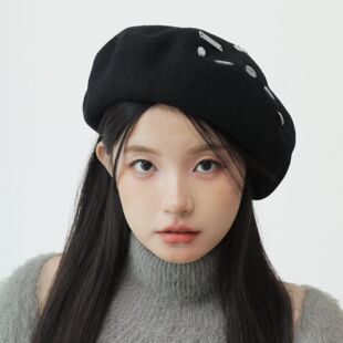 日本CA4LA原版艺术九标装饰羊毛贝雷帽女时尚百搭显脸小保暖盆帽