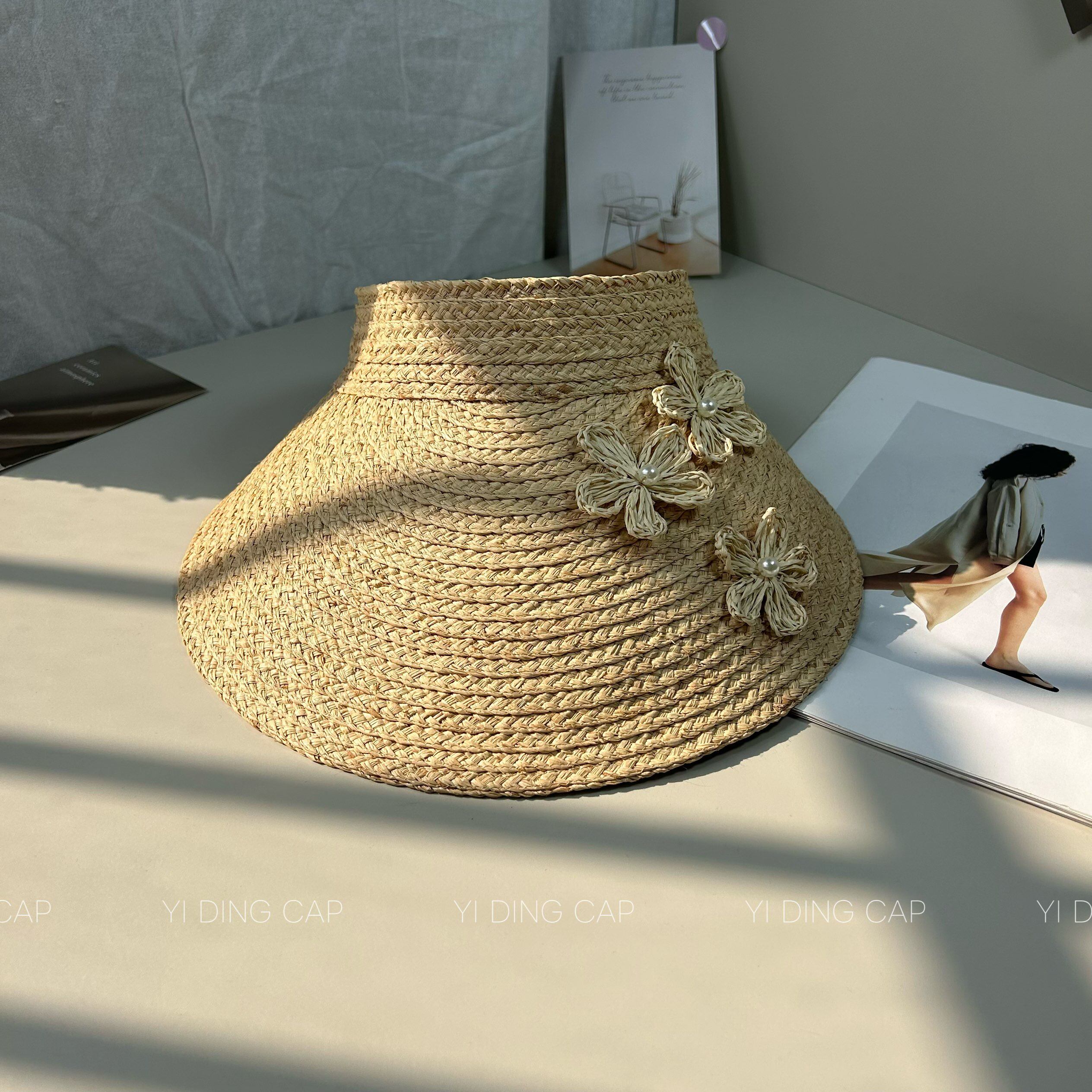 夏季拉菲草空顶大檐防晒帽可折叠