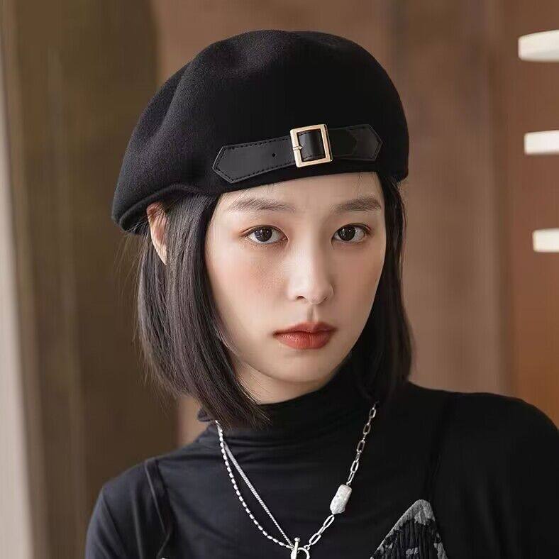 羊毛贝雷帽优雅女秋冬季前进帽