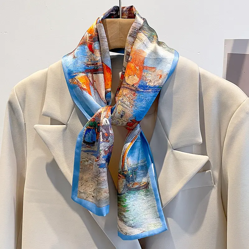 梵高真丝油画丝巾细窄小长条发带女款飘带绑包护脖桑蚕丝围巾领巾