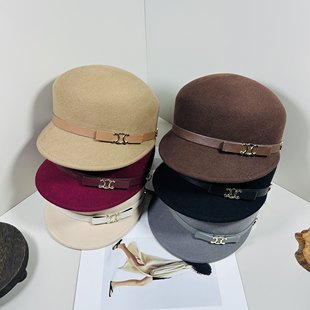 法式秋冬凯旋门皮带装饰羊毛马术帽女时尚复古鸭舌帽前进帽毡帽潮