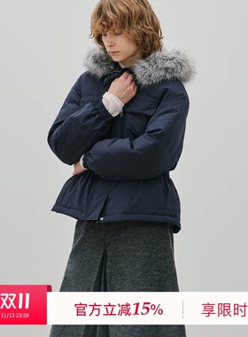 BLUEWEDIAN2026冬季新品时尚可拆卸毛领连帽收腰修身羽绒服女休闲