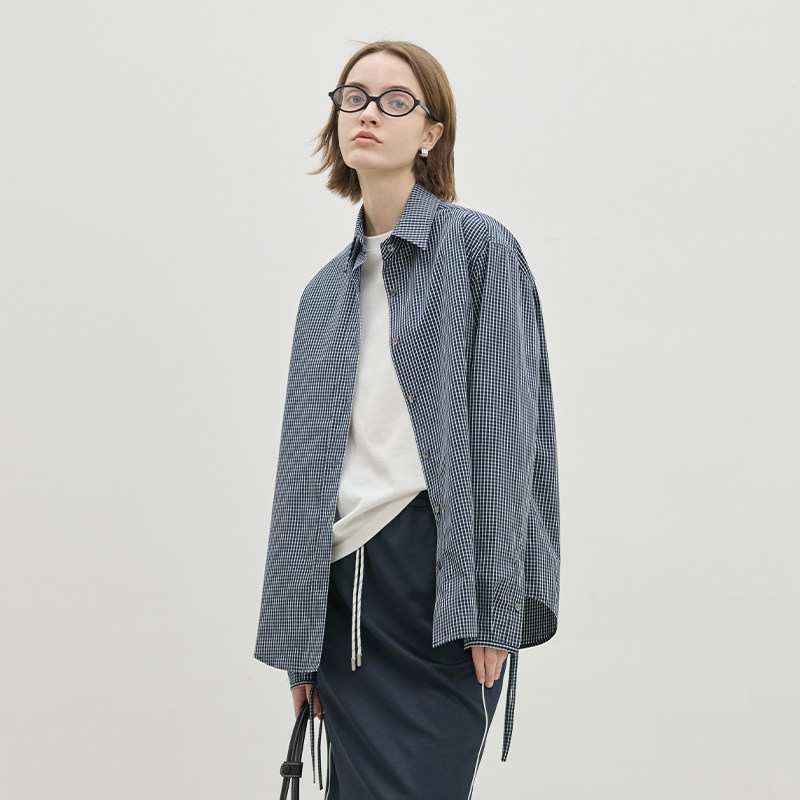 BLUEWEDIAN春秋侧衩抽绳小格纹衬衫女 棉miu风宽松衬衣上衣