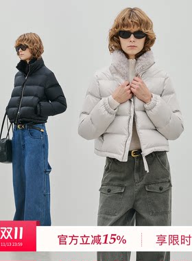 BLUEWEDIAN2026冬季新品时尚可拆卸毛领直身可调节下摆短款羽绒服