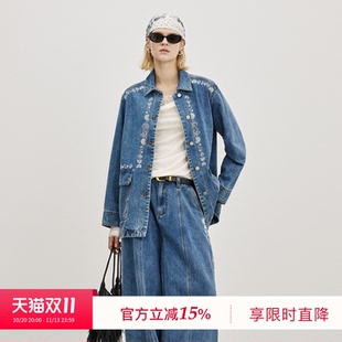 BLUEWEDIAN26秋新品小花刺绣翻领中长款水洗牛仔外套牛仔夹克套装