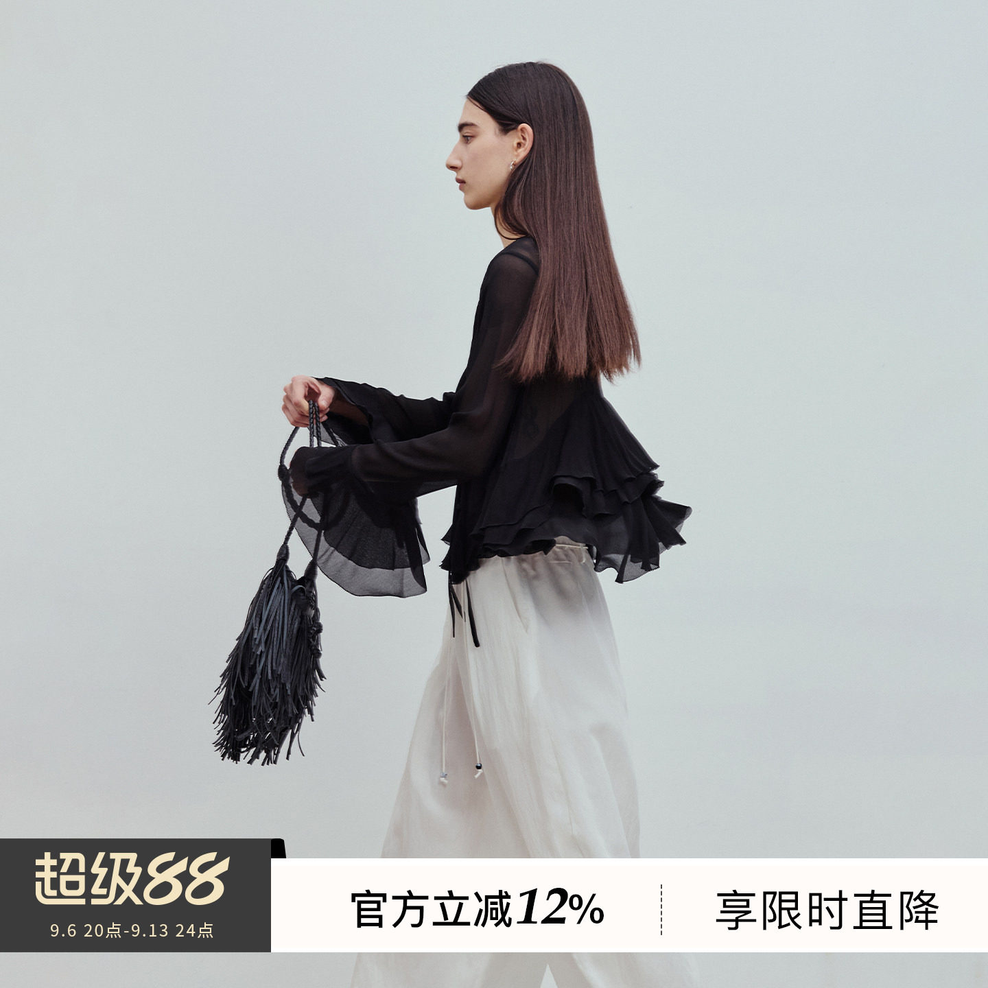 BLUEWEDIAN2026春季新品时尚短款浪漫双层长袖衬衫喇叭袖女显瘦