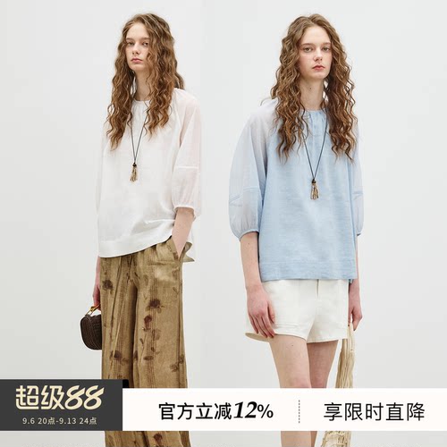 BLUEWEDIAN26夏季新品宽松透气亚麻圆领系带插肩异料拼接衬衫女