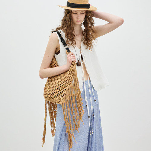 BLUEWEDIAN2026夏季新品简约亚麻重工吊珠花边无袖系带马甲短裤女