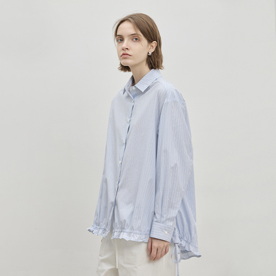 BLUEWEDIAN高支纯棉衬衫女 时尚条纹中长款抽绳宽松衬衣