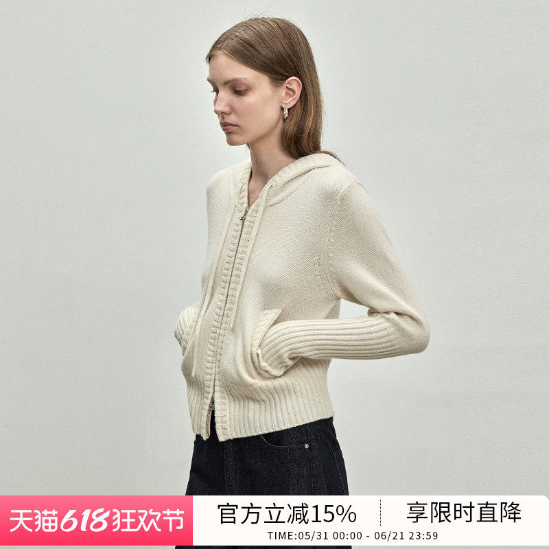 BLUEWEDIAN新品时尚26支全羊毛静奢修身连帽拉链开衫女
