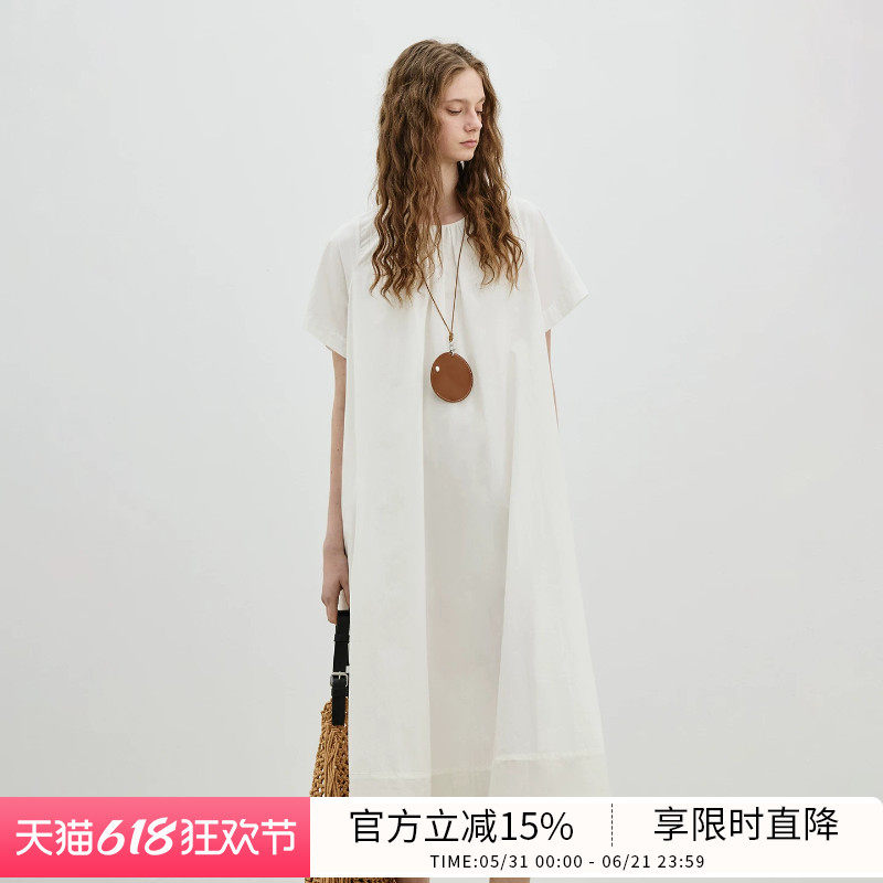 BLUEWEDIAN珍珠扣圆领透气连衣裙拼接薄纱棉宽松廓形长裙