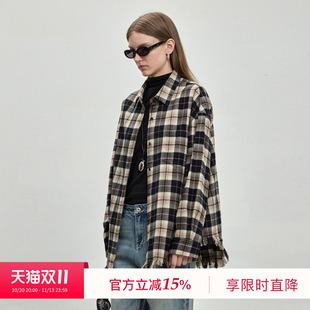 BLUEWEDIAN春秋季宽松毛边黑白格纹翻领衬衫上衣外套女