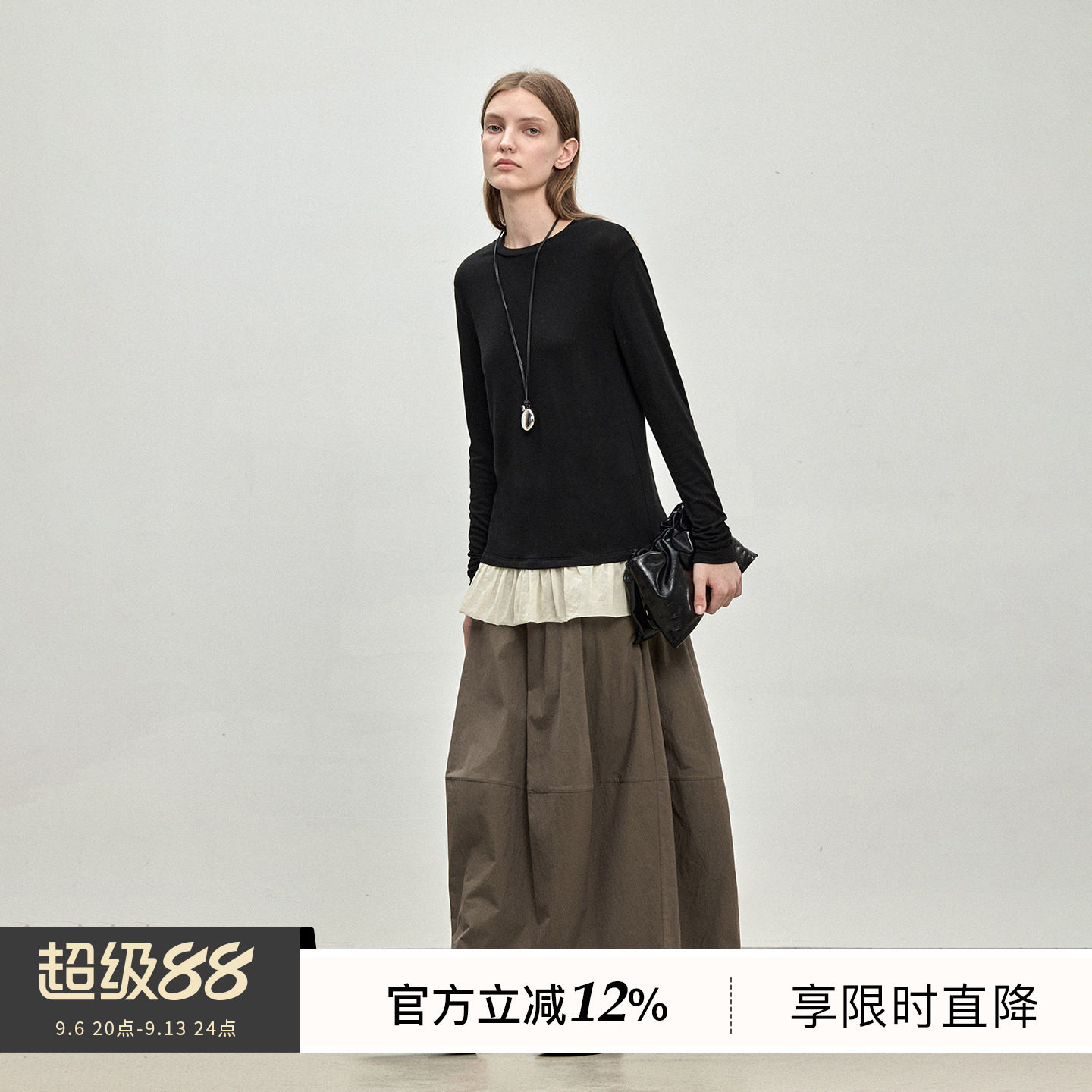BLUEWEDIAN静奢风莱赛尔宽松圆领花苞下摆长袖T恤衫女休闲通勤
