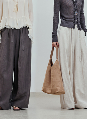 BLUEWEDIAN2026春季新品复古亚麻锦纶休闲弯刀阔腿裤宽松休闲裤