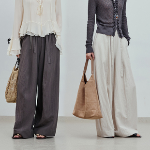 BLUEWEDIAN2026春季新品复古亚麻锦纶休闲弯刀阔腿裤宽松休闲裤