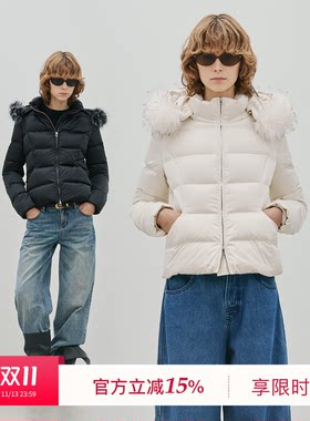 BLUEWEDIAN2026冬季新品时尚可拆卸帽子收腰羽绒服外套上衣女