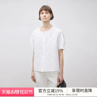 BLUEWEDIAN圆领暗襟茧形袖短袖衬衫夏季后摆开衩设计