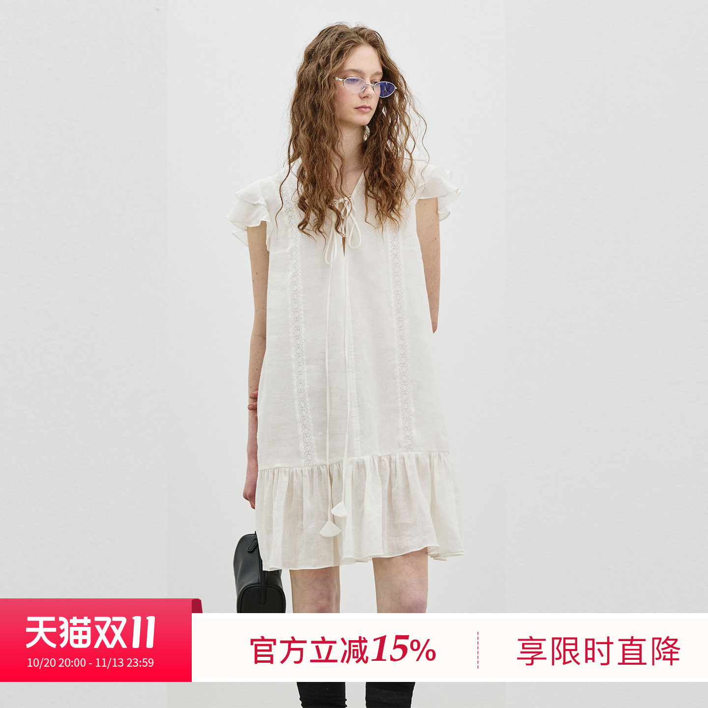 BLUEWEDIAN2026夏季新品时尚浪漫度假深V领口抽绳A摆小飞袖连衣裙