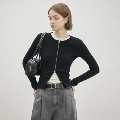 BLUEWEDIAN双头拉链修身圆领针织开衫女条纹休闲棉质毛衣