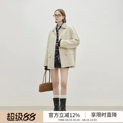 BLUEWEDIANROW风猎装翻领外套女 拼接灯芯绒翻领亚麻上衣