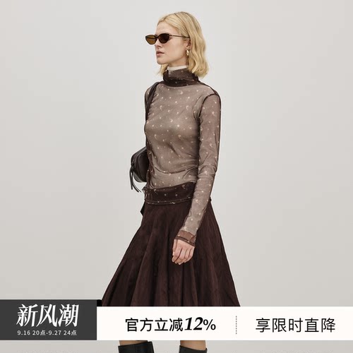 BLUEWEDIAN2026新款秋季时尚高领网纱捏褶收腰修身长袖T恤上衣女