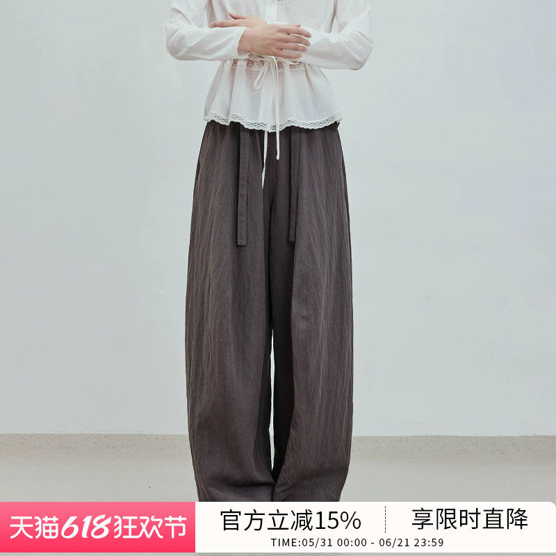 BLUEWEDIAN2026春季新品复古亚麻锦纶休闲弯刀阔腿裤宽松休闲裤