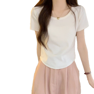韩版短袖T恤弧形下摆夏季新款女2026小个子百搭短款修身显瘦上衣