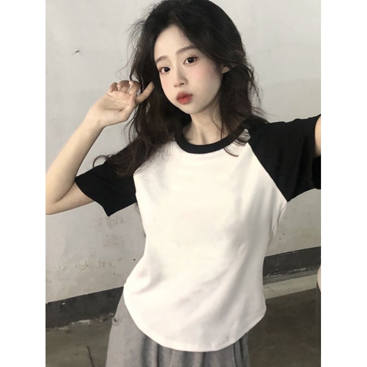 夏季新款插肩撞色弧形下摆短袖女