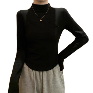 上衣设计感小众女黑色显瘦德绒长袖打底衫秋冬新款半高领好看内搭