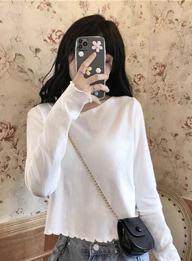 白色正肩德绒打底衫女秋季2025新款韩版木耳边百搭内搭T恤ins上衣