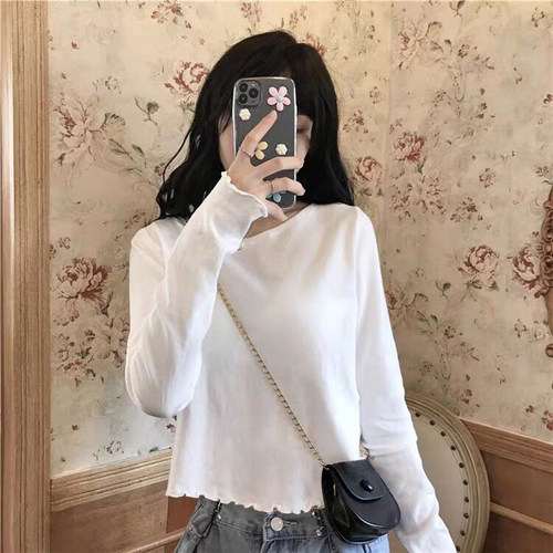 白色正肩德绒木耳边打底衫女秋季