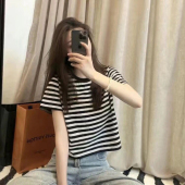 新款 小众百搭夏季 纯棉上衣圆领复古 小个子条纹t恤女短袖 显瘦韩版