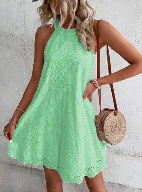Ladies Lace Solid Color Sleeveless Button Halter Neck Dress