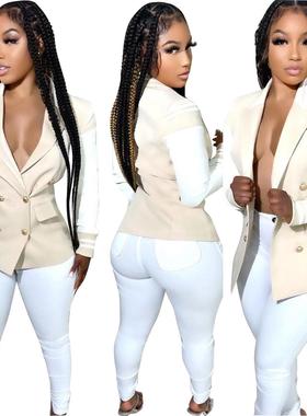 elegant street faux leather patchwork notched neck white