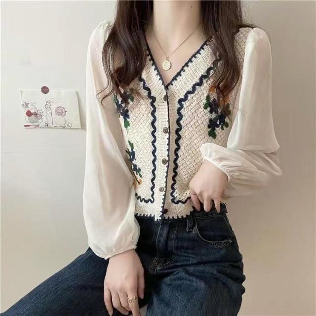 V-neck top INS style embroidery stitching knitted chiffon