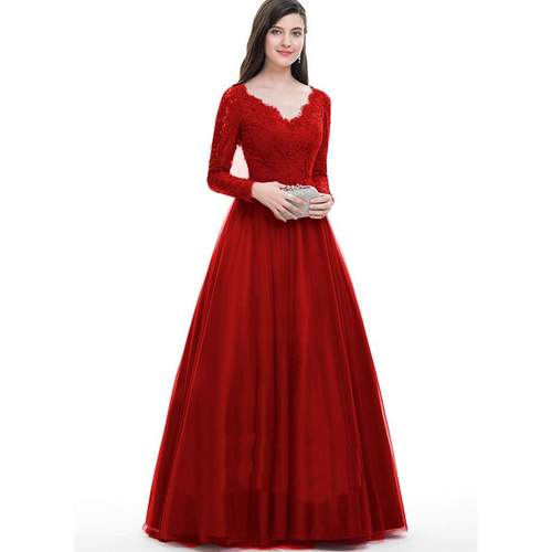 Womens mesh lace long sleeve wedding dress evening gown