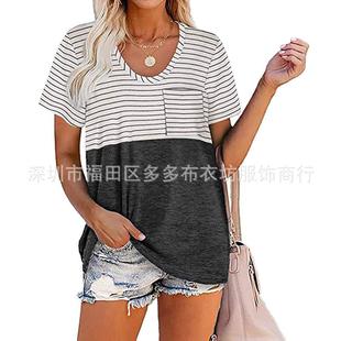 striped pocket knit loose color tops Womens ladies